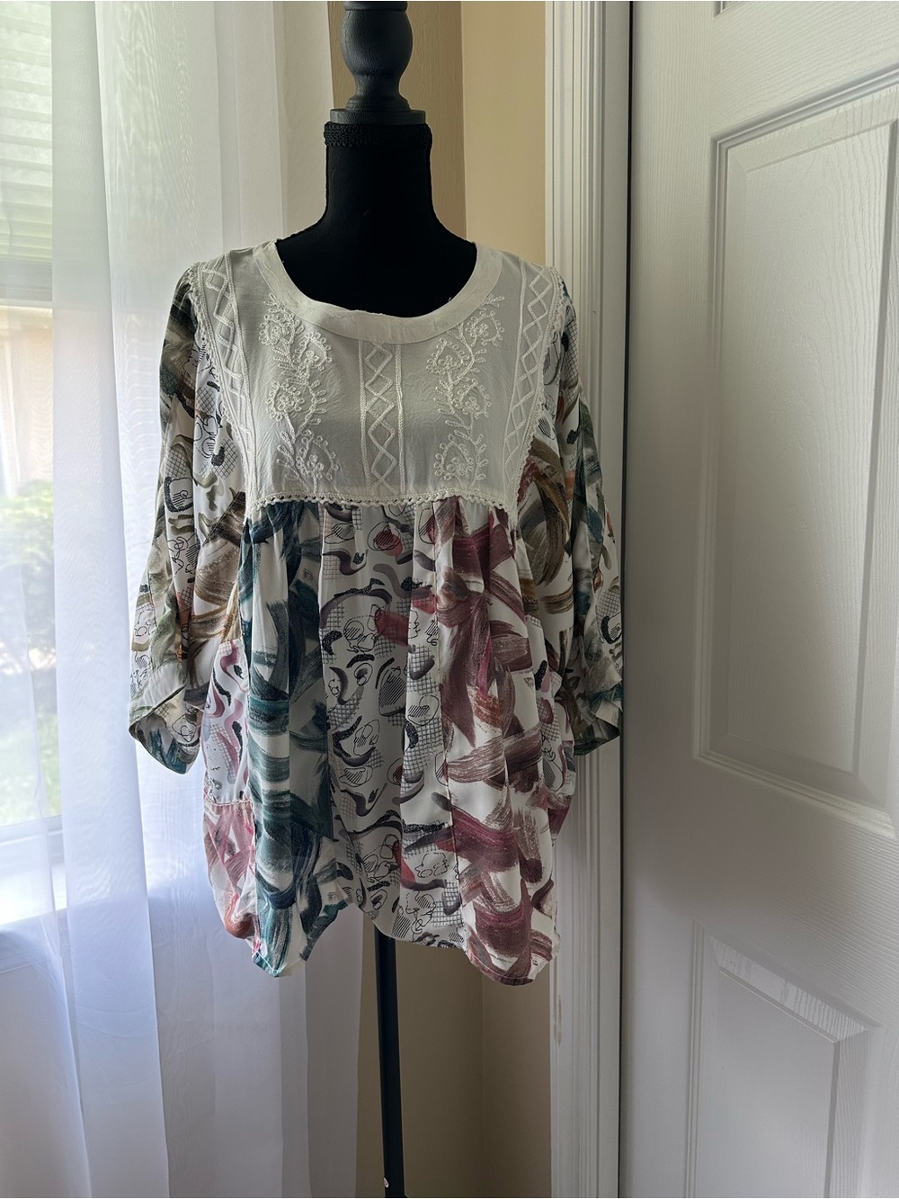 NWOT - Embroidered White Peasant Blouse with Multicolor Brushstroke Print